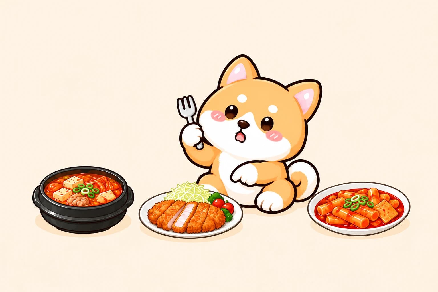 김치찌개, 돈까스, 떡볶이 앞에서 고민하는 시바